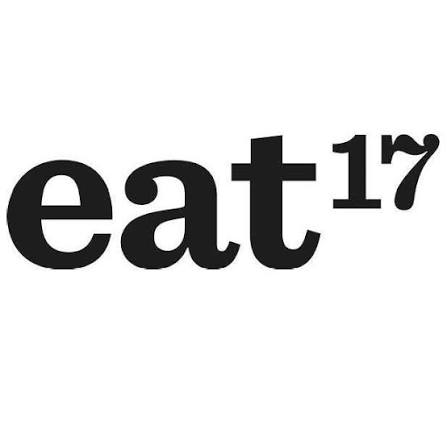 The logo for eat17 features the lowercase word 'eat' in a bold, rounded black font, with the number '17' stylized as a small hand-drawn circle above the letter 't'. The logo is presented in solid black on a plain white background.