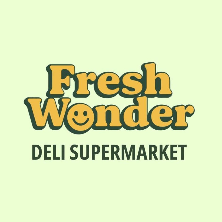A digital graphic featuring the text 'Fresh Wonder DELI SUPERMARKET' centered on a solid pale yellow-green background. The words 'Fresh Wonder' are rendered in a bold, retro yellow font with a dark olive-green outline, while 'DELI SUPERMARKET' is written below in a dark green sans-serif font.