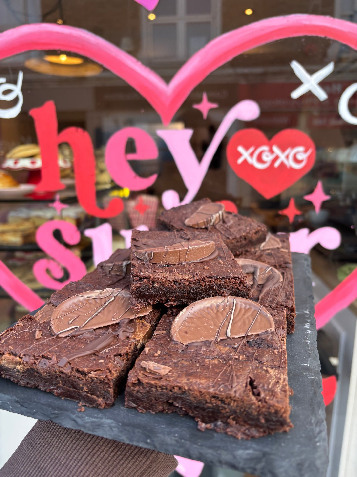 Terry’s chocolate orange brownies topped with chocolate orange segments