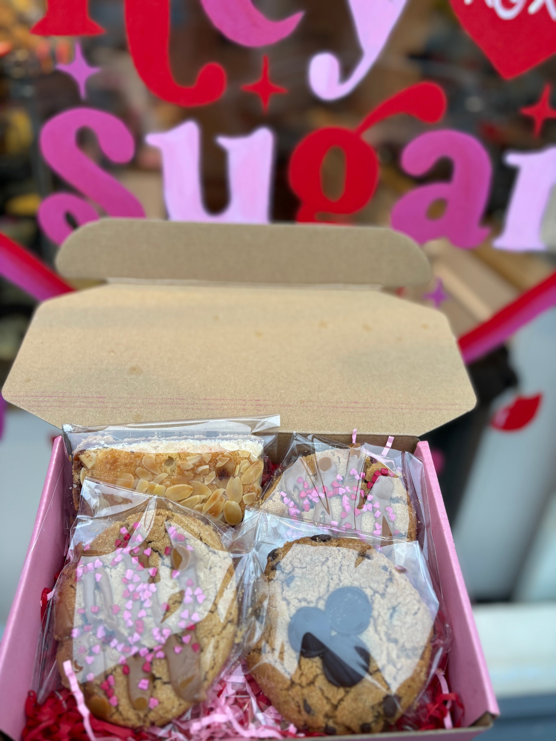 Box of assorted chunky cookies wrapped and presented for gifting