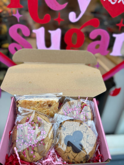 Box of assorted chunky cookies wrapped and presented for gifting