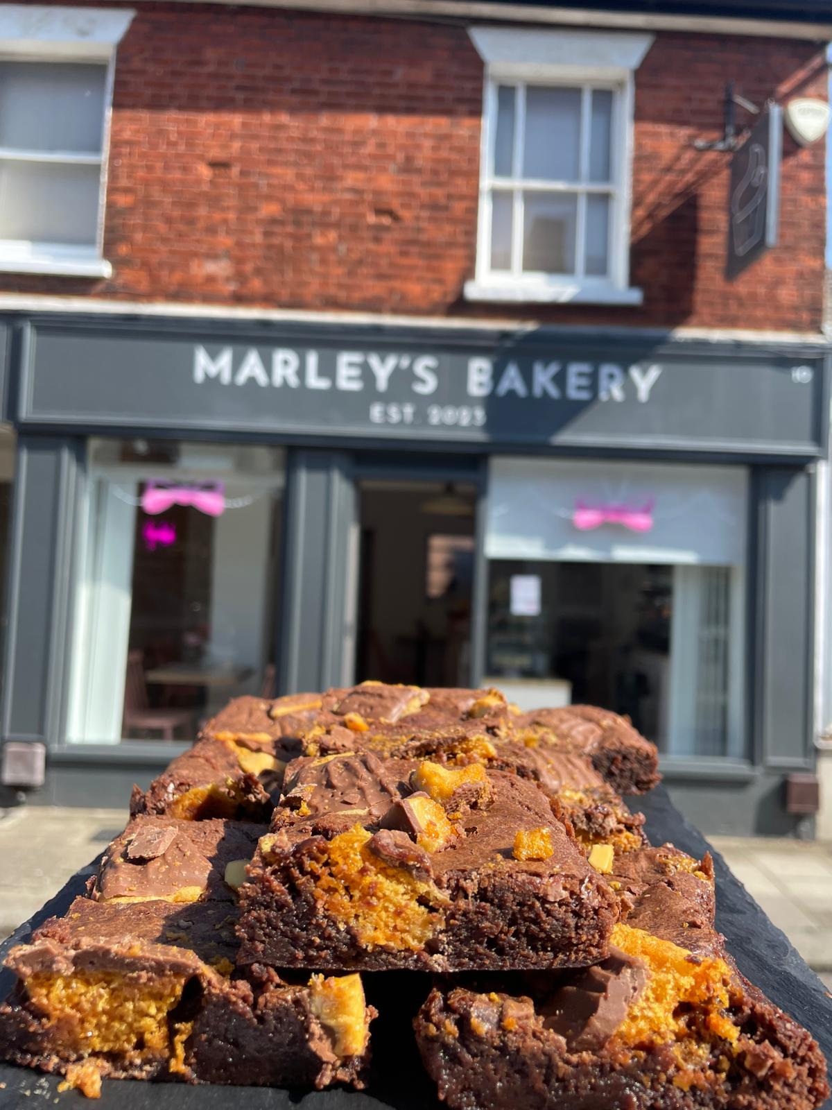 Gluten free Crunchie brownies outside Marley’s Bakery in Barnet